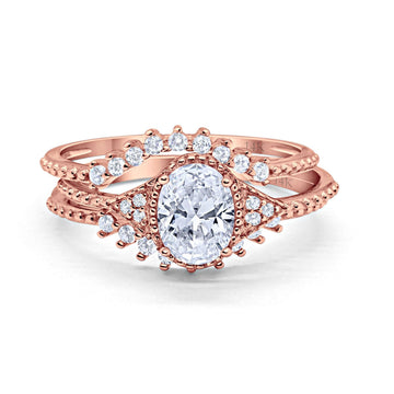 14K Rose Gold Three Piece Art Deco Bridal Set Band Oval Engagement Wedding Ring Simulated CZ Size-7